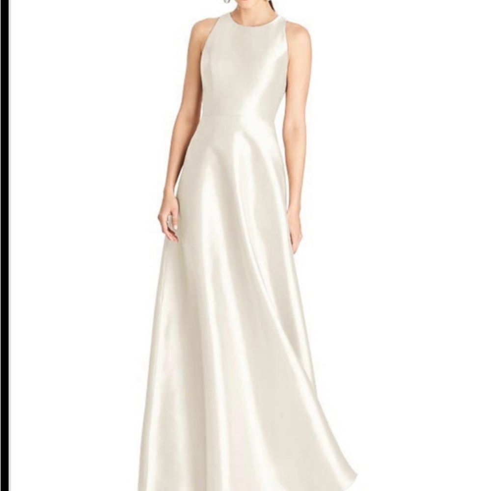 NWT ALFRED SUNG champagne Maxi Dress Jewel Neck bow accent Open-Back  SZ10 - Picture 1 of 16